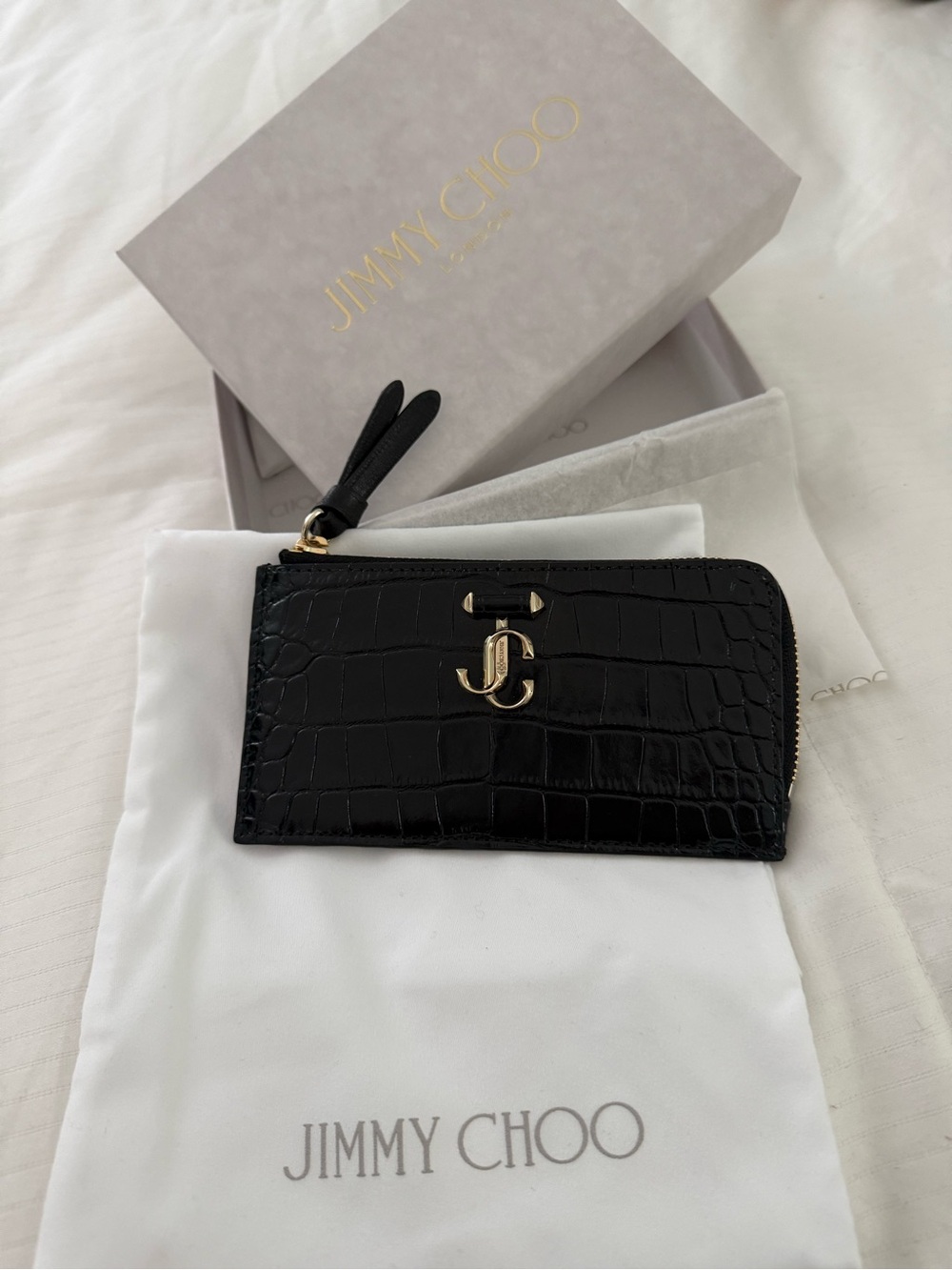 Jimmy Choo Black Croc-Embossed Leather Zip Card Case with Gold JC Logo